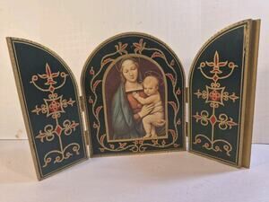 Vintage Wood Triptych Italian Florentine Gold Gilt Virgin Mary & Jesus Print